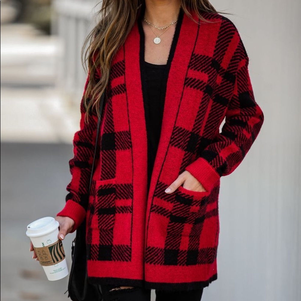 Vici Red and Black Plaid Cardigan